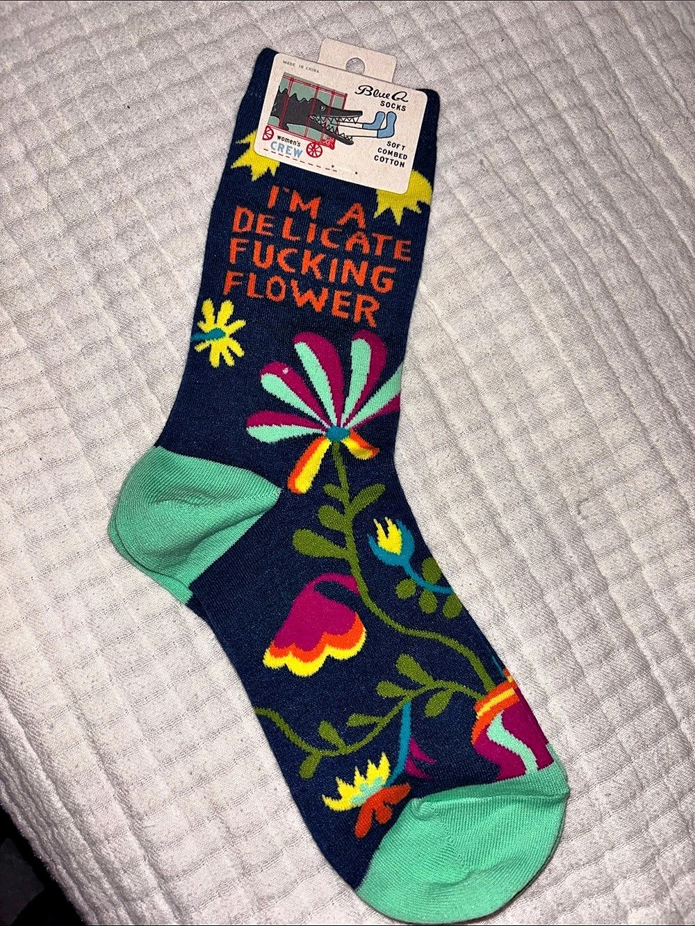 Blue Q I'm A Delicate Fucking Flower W-Crew Socks Crew Socks Blue & Green